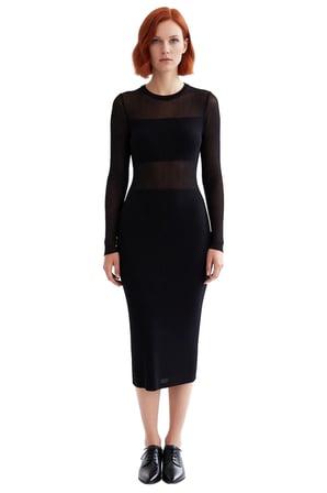 Kadın Siyah Bodycon Midi Triko Elbise Uzun Kollu Bisiklet Yaka Şık Transparan Detaylı Modern Kışlık