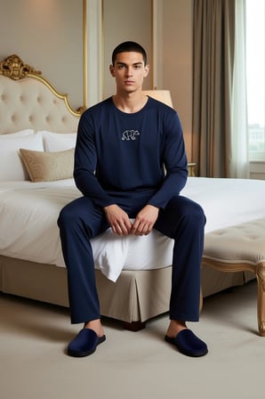 Erkek Nakışlı Bisiklet Yaka Uzun Kollu Pijama Takımı Fonksiyonel Dayanıklı Kaliteli Modern