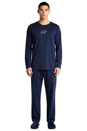 Erkek Nakışlı Bisiklet Yaka Uzun Kollu Pijama Takımı Fonksiyonel Dayanıklı Kaliteli Modern