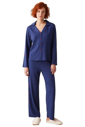 Kadın Kurdele Nakışlı Gömlek Pantolon Pijama Takımı Fonksiyonel Dayanıklı Kaliteli Estetik