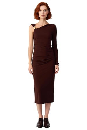 Kadın Asimetrik Yaka Tek Uzun Kollu Bodycon Midi Aksesuar Detaylı Örme Kokteyl Elbisesi Glam