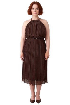 Kadın Büyük Beden Kahverengi Düz Halter Yaka Maxi Bodycon Dokuma Elbise Şık Davetler İçin Kaliteli