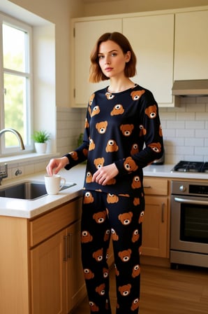 Ayıcık Baskılı Uzun Kollu Pijama Takımı Kadın Fonksiyonel Dayanıklı Kaliteli Konforlu Spor