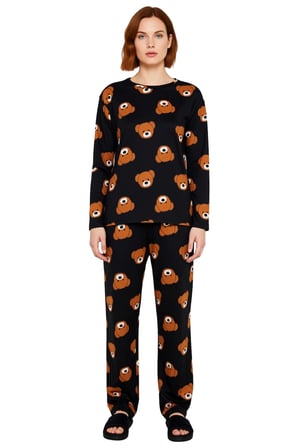 Ayıcık Baskılı Uzun Kollu Pijama Takımı Kadın Fonksiyonel Dayanıklı Kaliteli Konforlu Spor