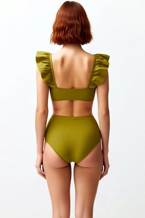 Kadın Bikini Takımı Dokulu Örme Fırfırlı Bralette Balensiz Yüksek Bel Hipster Kolsuz Kapalı Arka