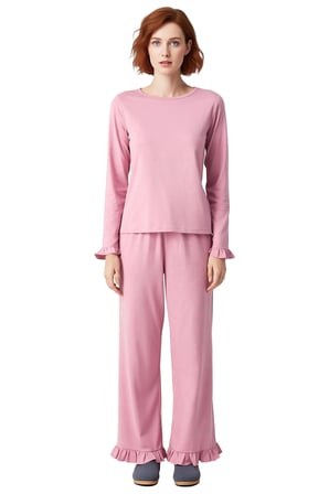 Kadın Fırfırlı Bisiklet Yaka Uzun Kollu Pijama Takımı Fonksiyonel Dayanıklı Kaliteli Rahat