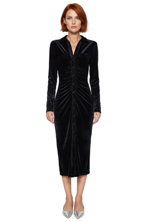 Kadın Siyah Kadife Bodycon Midi Elbise Polo Yaka Uzun Kollu Büzgülü Modern Kış Şıklığı Kaliteli