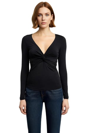 Kadın V Yaka Büzgülü Drape Detaylı Fitted Uzun Kollu Esnek Örme Bluz İlkbahar Sonbahar Günlük