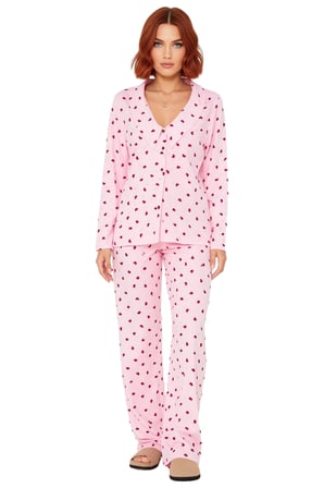 Kadın Kalp Desenli Gömlek Yaka Pijama Takımı Fonksiyonel Dayanıklı Kaliteli Konforlu Rahat