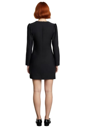 Kadın Siyah A Kesim Uzun Kollu Dokuma Mini Elbise Beyaz Nakış Detaylı Yakasıyla Şık Ve Modern