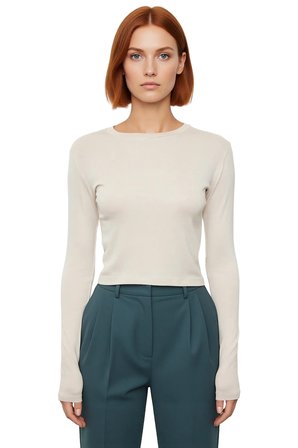 Kadın Pembe Viskon Ribana Dokulu Fitted Bisiklet Yaka Uzun Kollu Crop Bluz Günlük Kullanıma Uygun