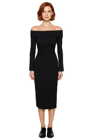 Kadın Bordo Bodycon Kalıp Carmen Yaka Uzun Kollu Örme Midi Elbise Şık Gündüz Gece Kombinleri İçin