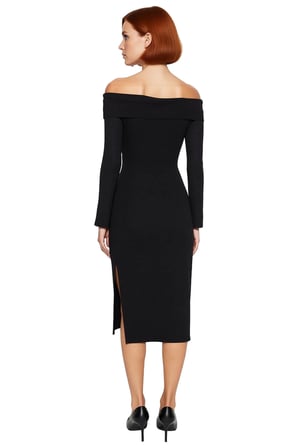 Kadın Bordo Bodycon Kalıp Carmen Yaka Uzun Kollu Örme Midi Elbise Şık Gündüz Gece Kombinleri İçin