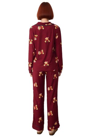 Kadın Ayıcıklı Pijama Takımı Gömlek Yaka Uzun Kollu Fonksiyonel Dayanıklı Kaliteli Estetik