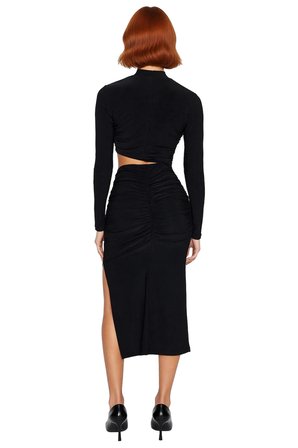 Kadın Siyah Dik Yaka Uzun Kollu Bodycon Cut Outlı Midi Boy Şık Gece Mezuniyet Abiye Elbise