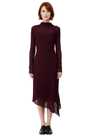 Kadın Asimetrik Kesim Bodycon Örme Dantel Dokulu Uzun Kollu Maxi Dik Yaka Elbise Kaliteli Şık