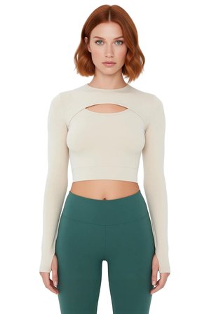 Kadın Fitted Crop Kesim Spor Üst Bluz Bisiklet Yaka Uzun Kollu Dalgıç Kumaş Cool & Comfort Stili