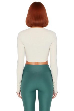 Kadın Fitted Crop Kesim Spor Üst Bluz Bisiklet Yaka Uzun Kollu Dalgıç Kumaş Cool & Comfort Stili