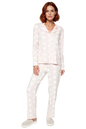 Kadın Kalp Desenli Mürdüm Gömlek ve Pantolon Pijama Takımı Fonksiyonel Dayanıklı Kaliteli Şık