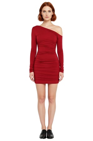 Kadın Kırmızı Bodycon Uzun Kollu Asimetrik Yaka Mini Elbise Şık Gece Kombinleri İçin İdeal