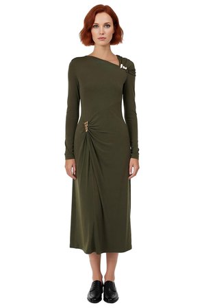 Kadın Bodycon Kesim Asimetrik Yaka Aksesuar Detaylı Örme Maxi Elbise Özel Davetler İçin Şık Stil