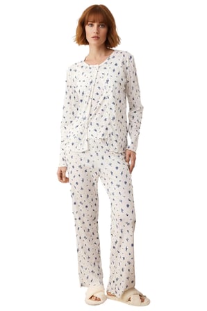 Kadın Çiçekli Fitilli Örme Pijama Takımı Hırka Detaylı Fonksiyonel Dayanıklı Kaliteli Spor