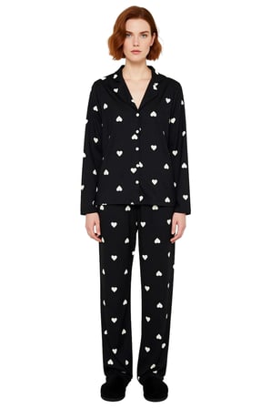 Kadin Kirmizi Kalp Desenli Gömlek Yaka Pijama Takımı Fonksiyonel Dayanıklı Kaliteli Modern