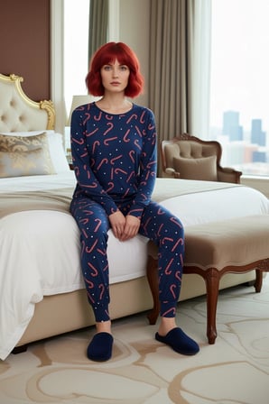 Kadın Kışlık Yılbaşı Baskılı Pamuklu Pijama Takımı Rahat Kullanım Günlük İçin