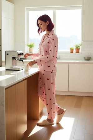 Kadin Kirmizi Kalp Desenli Gömlek Yaka Pijama Takımı Fonksiyonel Dayanıklı Kaliteli Modern
