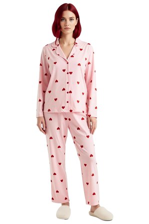 Kadin Kirmizi Kalp Desenli Gömlek Yaka Pijama Takımı Fonksiyonel Dayanıklı Kaliteli Modern