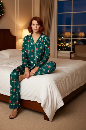 Kadın Yılbaşı Temalı Gömlek Yaka Pijama Takımı Fonksiyonel Dayanıklı Kaliteli Konforlu Şık