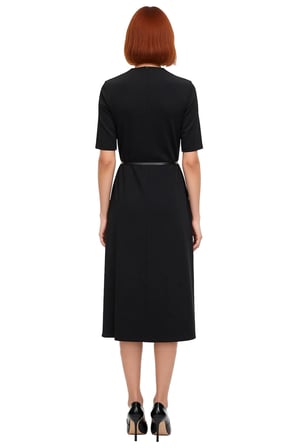 Kadın Siyah Bodycon Midi Elbise Dik Yaka Truvakar Kol Kemerli Smart Tasarım Örme Kumaş Detaylı