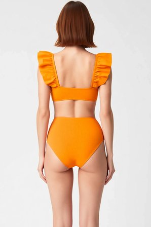 Kadın Bikini Takımı Dokulu Örme Fırfırlı Bralette Balensiz Yüksek Bel Hipster Kolsuz Kapalı Arka