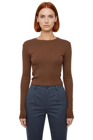 Kadın Pembe Viskon Ribana Dokulu Fitted Bisiklet Yaka Uzun Kollu Crop Bluz Günlük Kullanıma Uygun