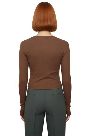 Kadın Pembe Viskon Ribana Dokulu Fitted Bisiklet Yaka Uzun Kollu Crop Bluz Günlük Kullanıma Uygun