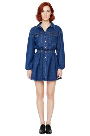 Kadın Lacivert %100 Pamuk Uzun Kollu Gömlek Yaka Lastikli Belli Skater Mini Denim Elbise Kaliteli