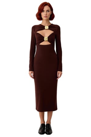 Kadın Kahverengi Bodycon Midi Elbise Aksesuar Detaylı Uzun Kollu Sandy Örme Kokteyl Şıklığı