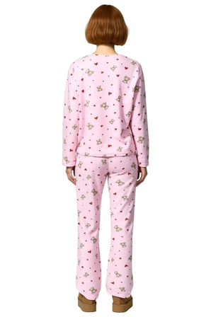 Kadın Ayıcık ve Kalp Desenli Polar Pijama Takımı Fonksiyonel Dayanıklı Kaliteli Konforlu Şık