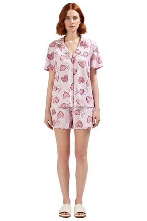 Kadın Kısa Kollu Pamuklu Pijama Takımı Kalpli Desenli Regular Kalıp Şık Görünüm Rahat Kullanım