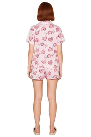 Kadın Kısa Kollu Pamuklu Pijama Takımı Kalpli Desenli Regular Kalıp Şık Görünüm Rahat Kullanım