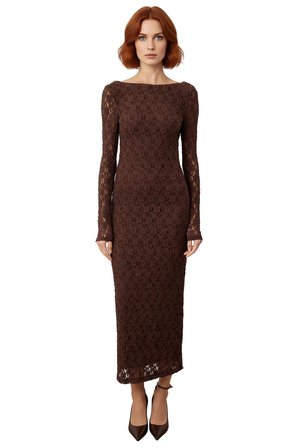Kadın Feminine Bodycon Kayık Yaka Maxi Uzun Kol Astarlı Dantel Örme Şık Gece Elbisesi Kaliteli
