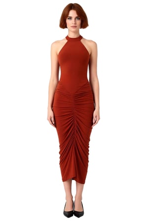 Kadın Bodycon Boyundan Bağlamalı Midi Elbise Şık Düz Kesim Kolsuz Büzgülü Örme Tasarım Zarif