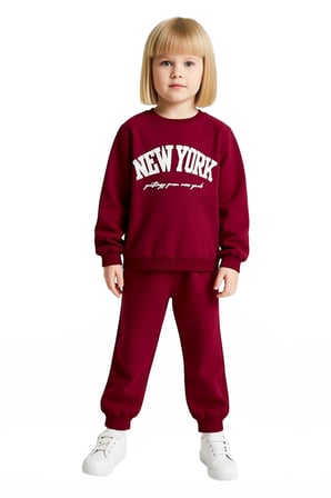 Kız Çocuk Alt-Üst Pamuklu New York Baskılı Bisiklet Yaka Sweatshirt ve Eşofman Takımı Kaliteli Şık