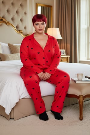 Kadin Kirmizi Kalp Desenli Gömlek Yaka Pijama Takımı Fonksiyonel Dayanıklı Kaliteli Modern