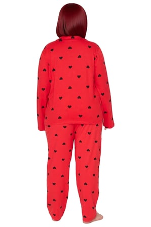Kadin Kirmizi Kalp Desenli Gömlek Yaka Pijama Takımı Fonksiyonel Dayanıklı Kaliteli Modern