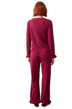 Kadın Fırfırlı Bisiklet Yaka Uzun Kollu Pijama Takımı Fonksiyonel Dayanıklı Kaliteli Rahat