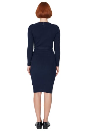 Kadın Kuşaklı Bodycon Triko Midi Elbise Bisiklet Yaka Uzun Standart Kollu Şık İlkbahar Sonbahar