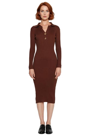 Kadınlar İçin Midi Boy Uzun Kollu Bodycon Triko Elbise Polo Yaka Fitilli Tasarım Şıklığı Sağlar.