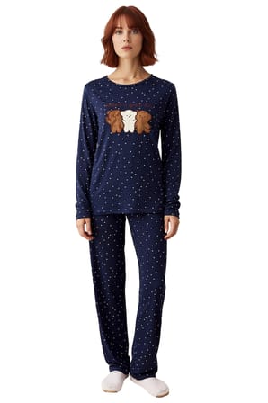 Kadın Puantiyeli Ayıcık Patchli Pijama Takımı Fonksiyonel Dayanıklı Kaliteli Konforlu Spor