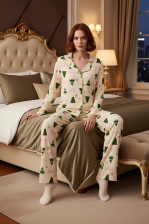Kadın Yılbaşı Ağaç Desenli Gömlek ve Pantolon Pijama Takımı Fonksiyonel Dayanıklı Kaliteli